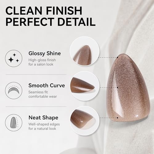 150 Pcs Cat Eye Press on Nails Almond – 5 red/pink/dark gray/navy blue/beige