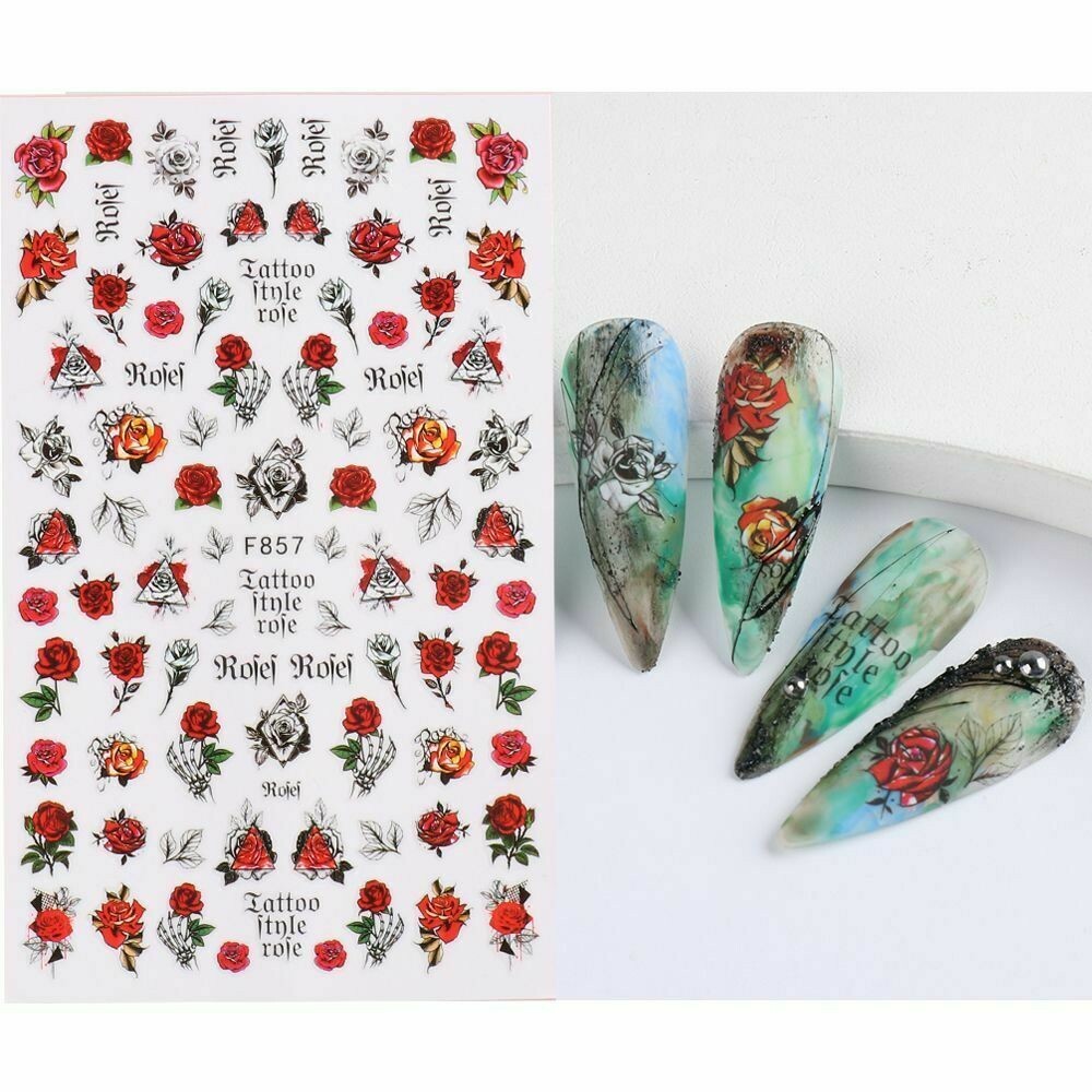 3D Nail Stickers Red Flower Leaves Self-Adhesive Slider Letters Decal F857 NS3