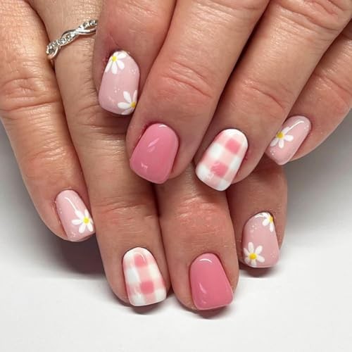 Pink Press on Nails – Short Square Fake Nails Retro Plaid – Style01