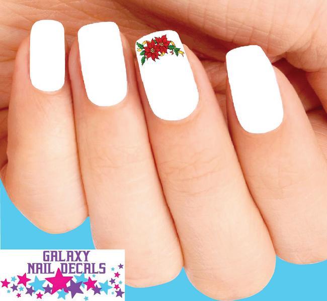 Waterslide Nail Decals – Set of 20 Christmas Holiday Poinsettia with Holly & Bow