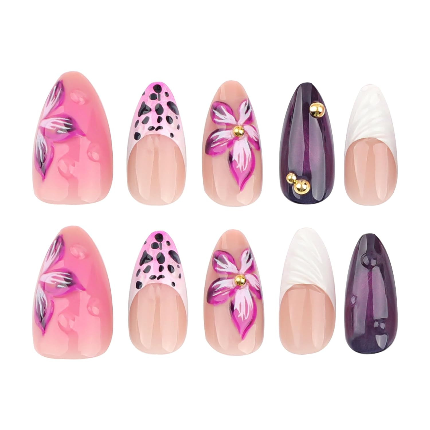 24Pcs Purple Flowers Press on Nails Medium Almond Fake Nails with 3D Floral Gold