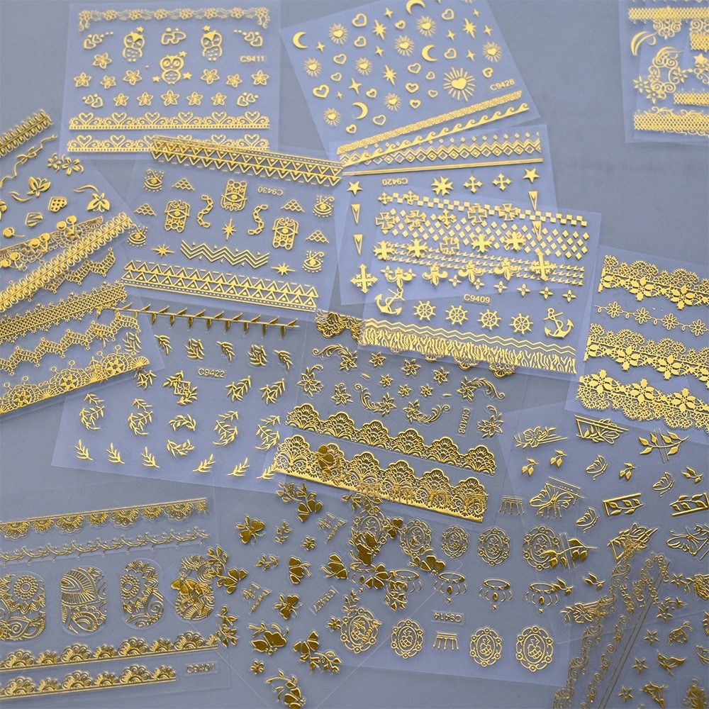 10 Sheets Nail Art Stickers Gold Lace Moon Star French Line Geometric Slider C94