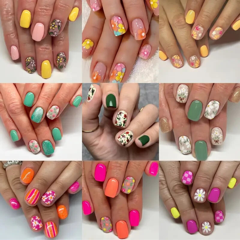 216pcs Multicolor Spring/Summer Floral Press-On Nail Set, Glossy Finish, Short