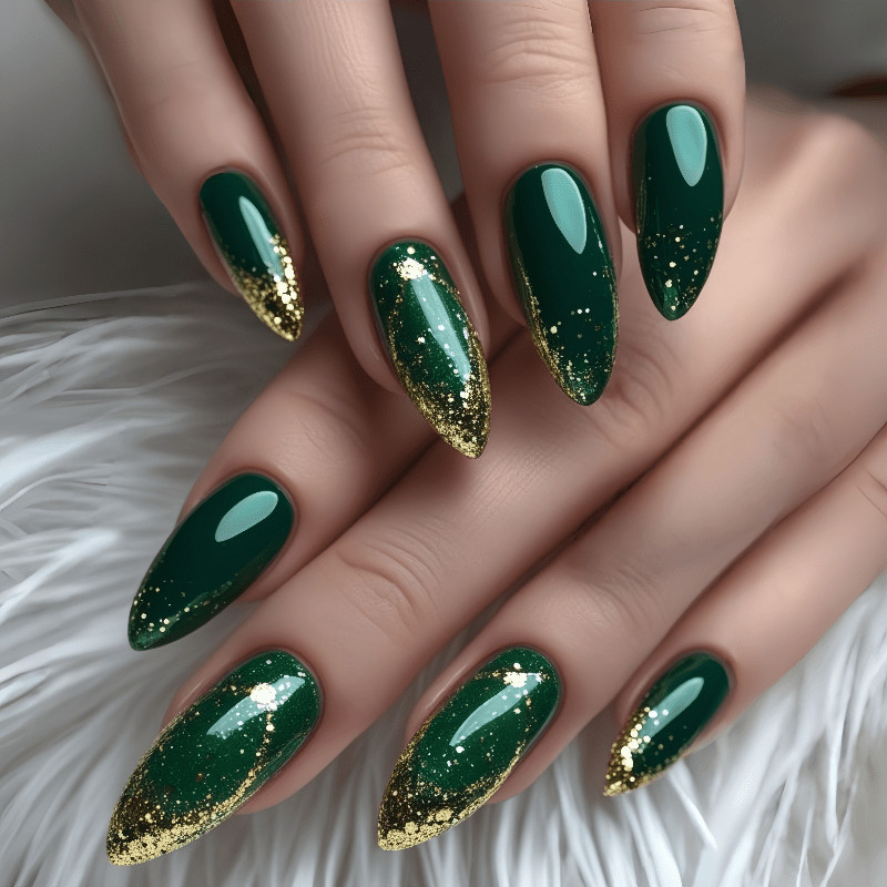 48Pcs-Long Almond Dark Green Gold Glitter Gradient Fake Press on Nails Set