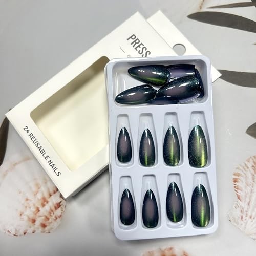 Medium Almond Shaped Cat Eye Nail Press on Nails – Dark Green – Green Cat Eye