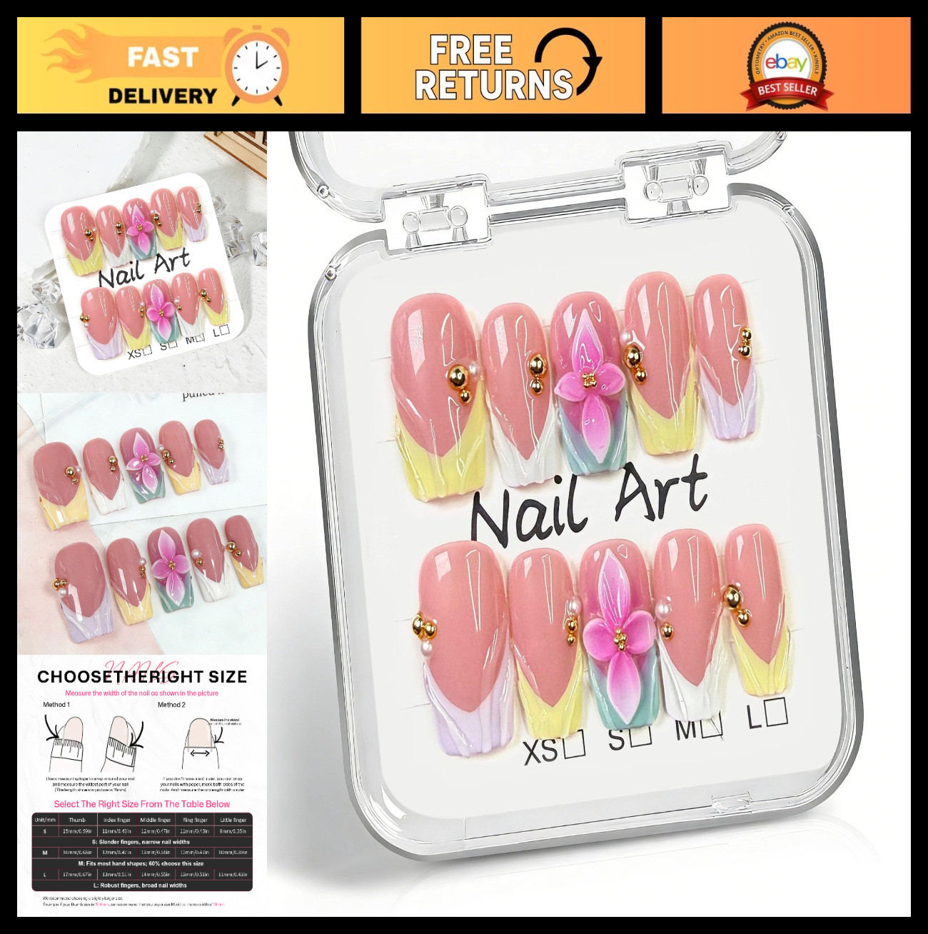 10 Pcs Medium Square Press-On Nails, 3D Flower Colorful French Tips, Acrylic M S