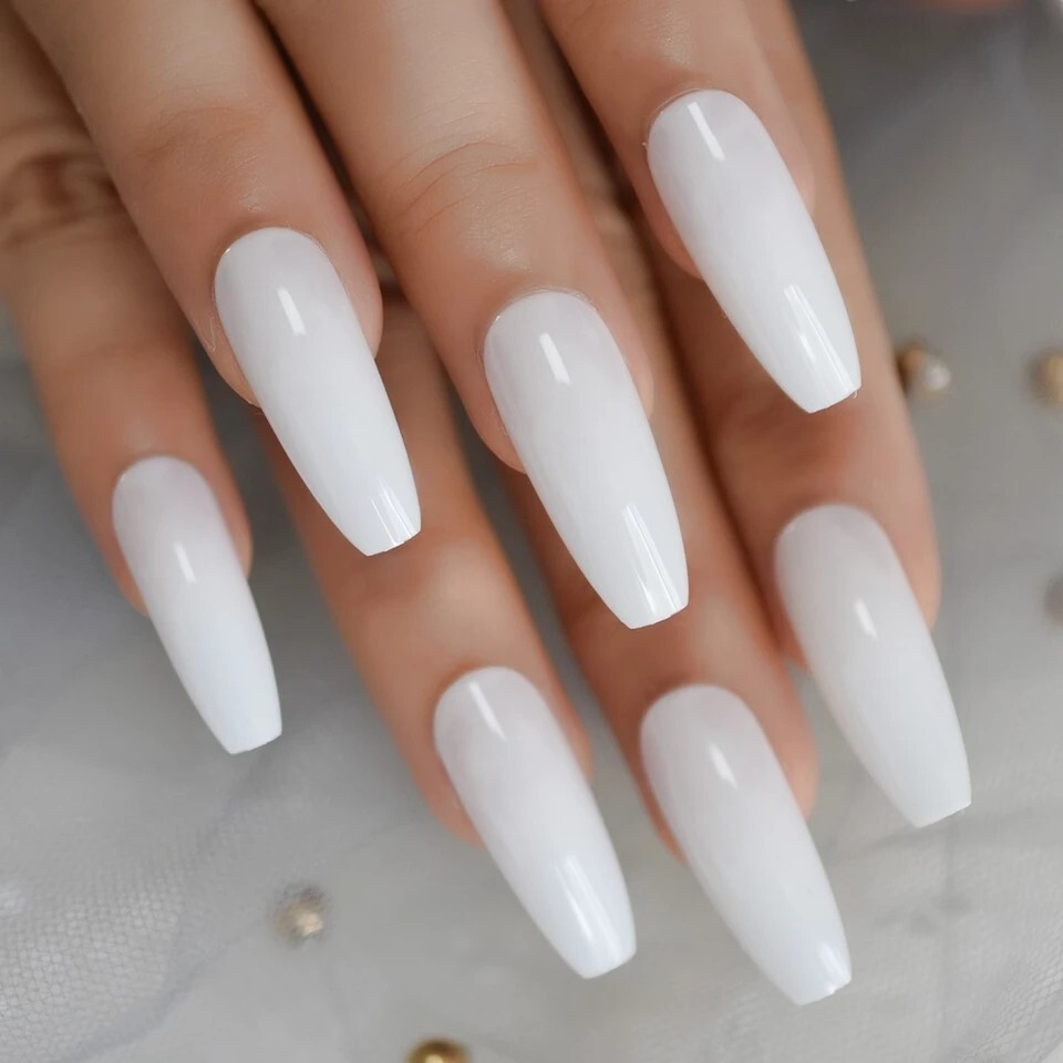 24 Milky white Press on nails kit glue extra long coffin