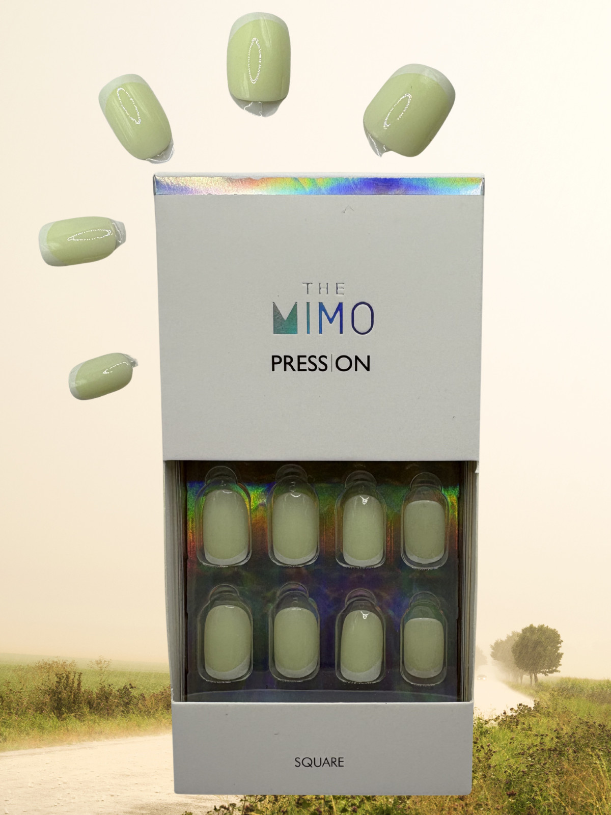 MIMO Press-On Nails Square – Pistachio Green to White Ombre, 24pcs Reusable set