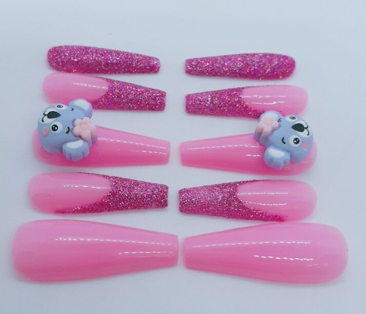 Pink Animal Nails Kawaii Pink Nails Pink Party Nails Koala Bear Lover Gift-sale