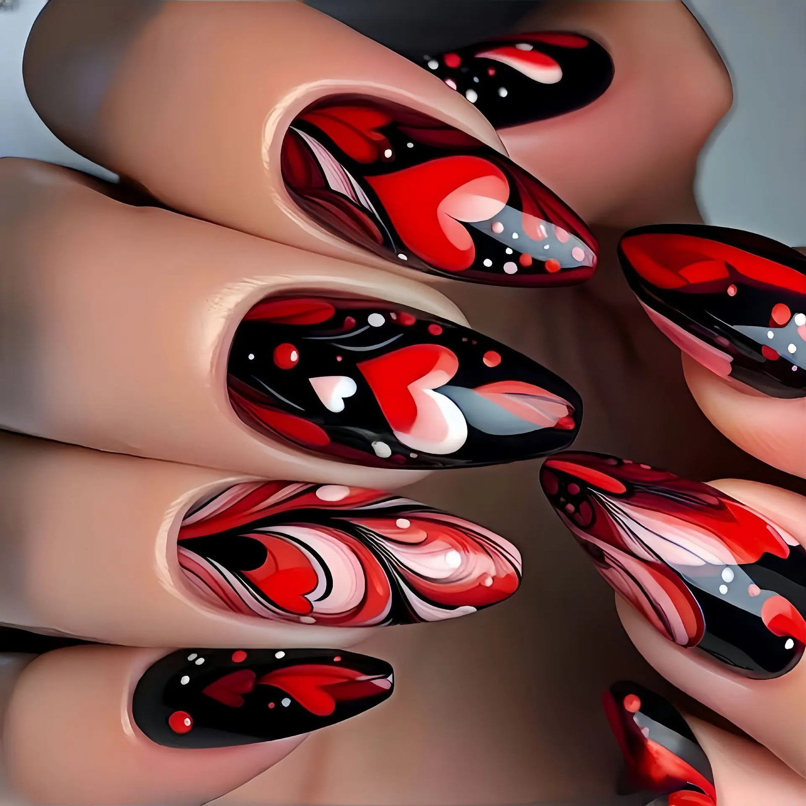 24pcs Valentine’s Day Press On Nails Gradient Red Black Cute Heart Rose French
