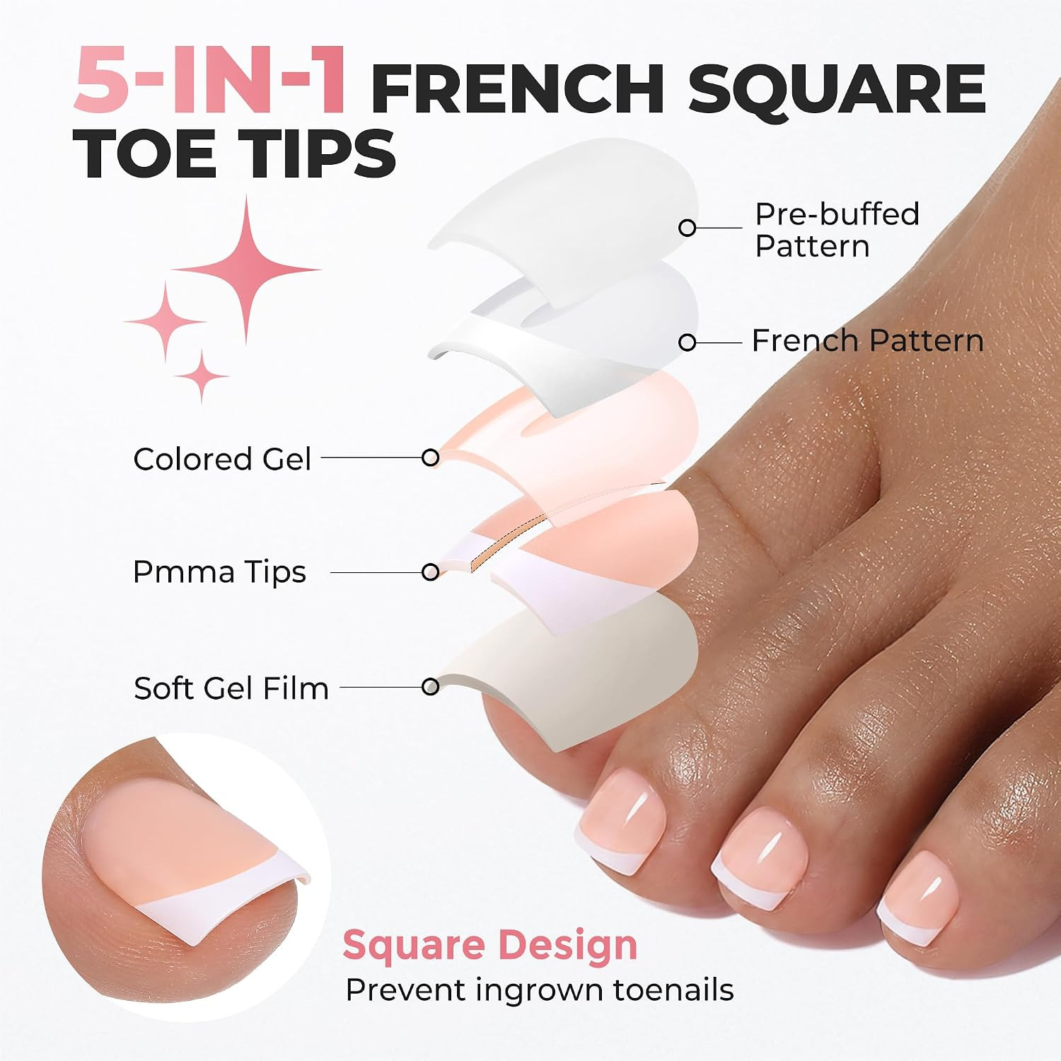 Press on Toenails, 180Pcs Sharp Square Soft Gel French Tip Toe Nail Press Ons fo