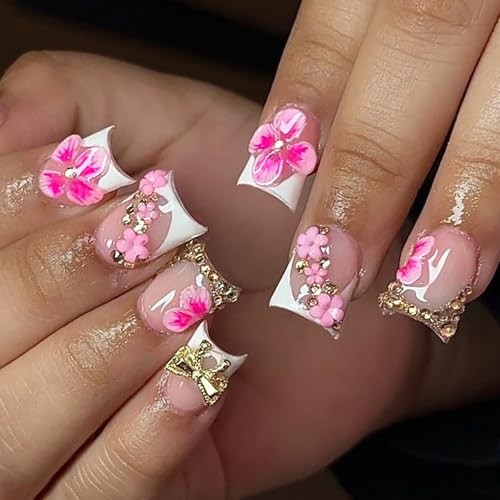 HOSAILY 3D Hot Pink Flower Summer Beach Press on Nails Short Pink Flower Duck