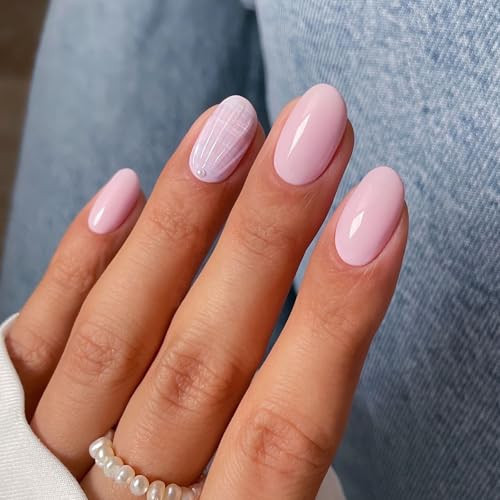 Short Almond Press on Nails SWEKKE Baby Pink Fake Nails False Almond Nails20