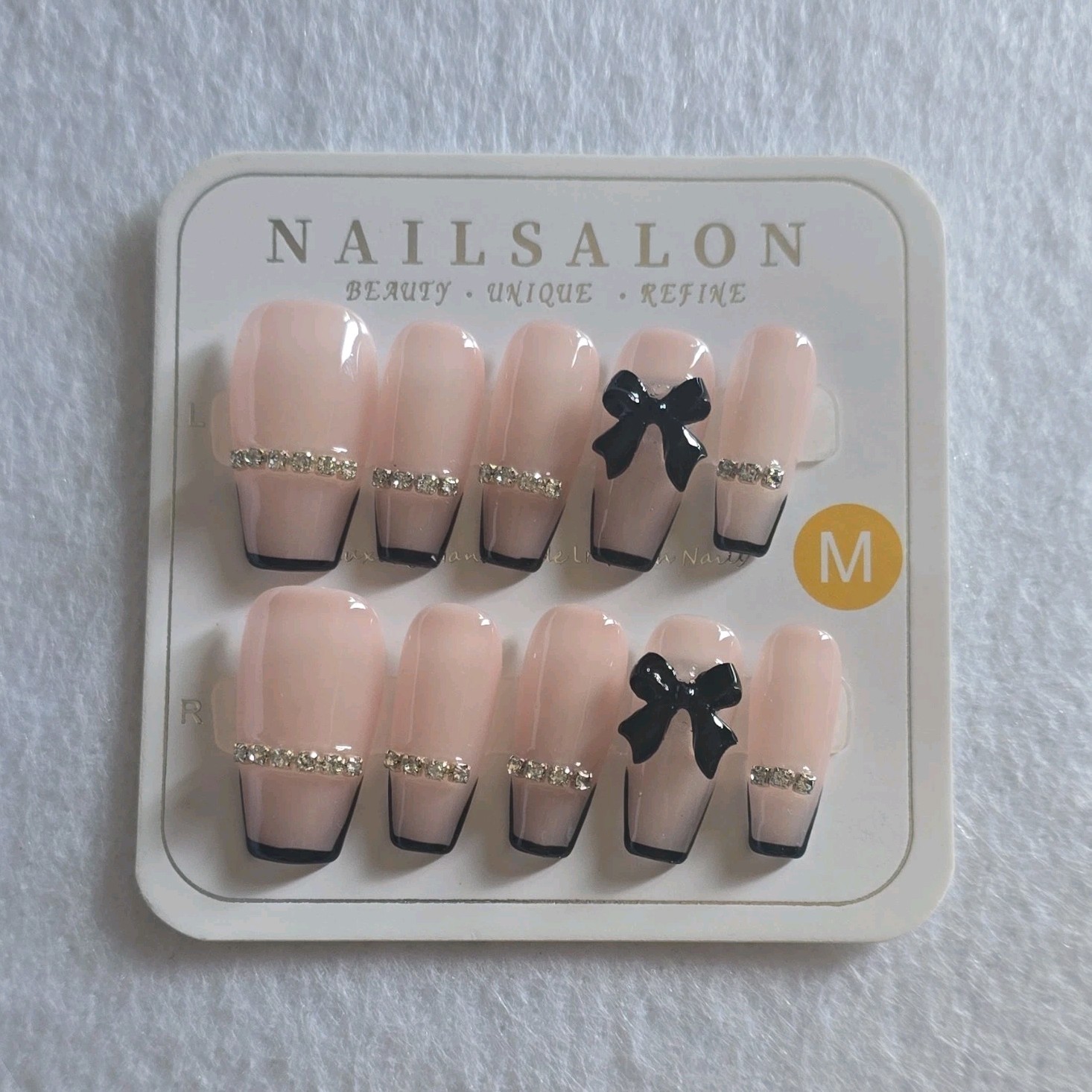 NAILSALON Medium Coffin Pink Black Silver Shiny Full Cover Bow PressOn Nails #46
