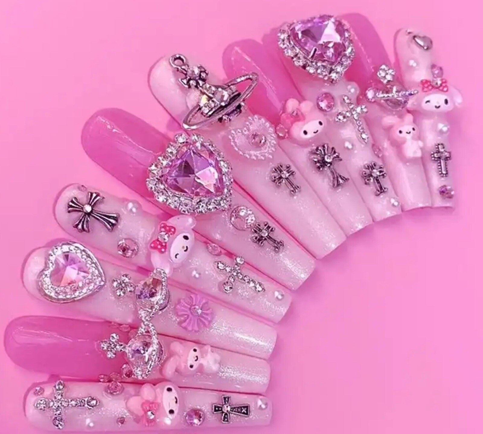 Xxxl Rectangle, Fake Nails 3D Hello KITTY Pink Diamond Strong, Long Nails