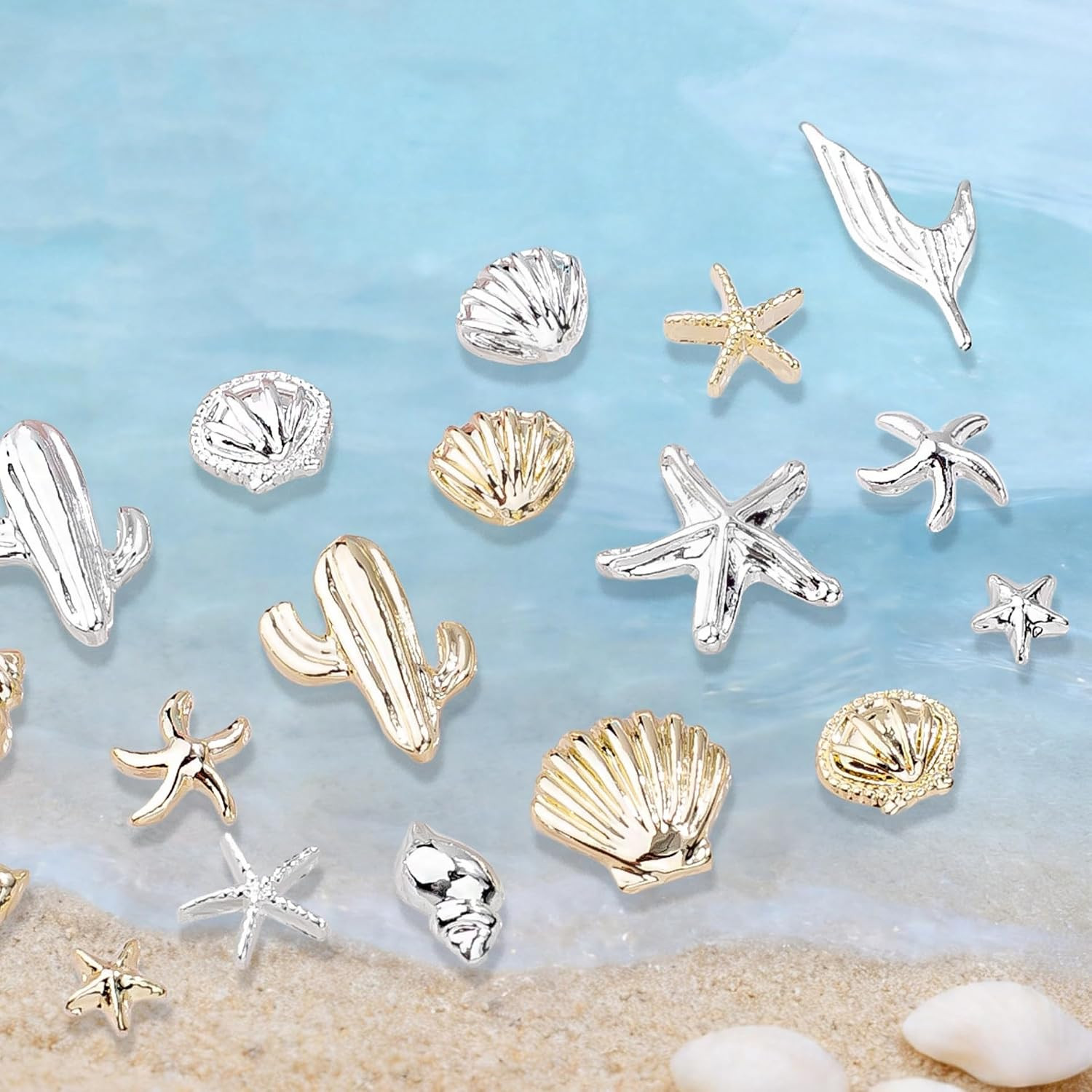 80Pcs Summer Beach Nail Charms Summer Ocean Nail Rhinestones Metal Small Starfis