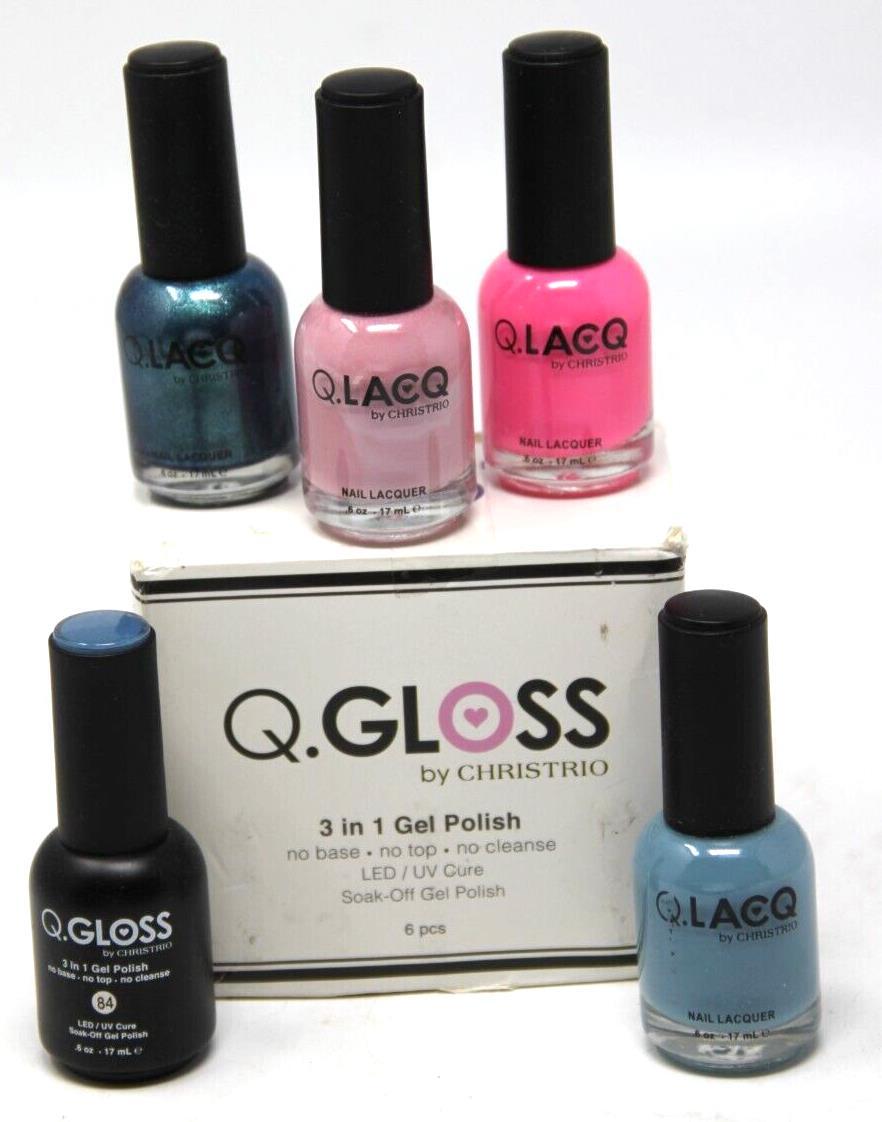 Q.GLOSS BY CHRISTRIO, SET OF 5, 3 IN 1 GEL POLISH 5-6OZ. BOTTLES SEE DESCRIPTION