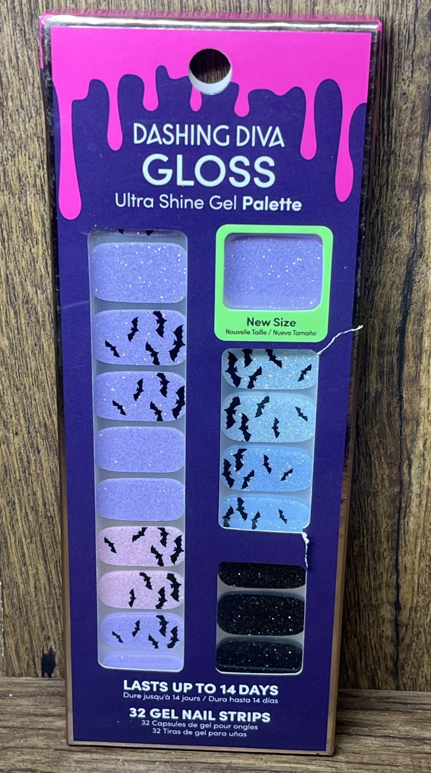 NEW Dashing Diva Gloss Halloween 32x Gel Nail Strips Purple Pink Blue Black Bats