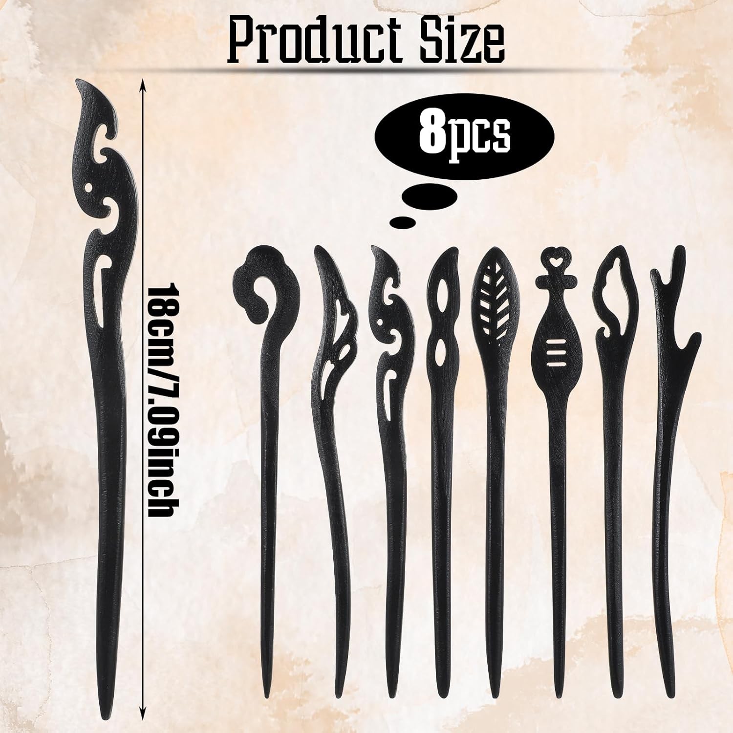 8Pcs Wooden Hair Sticks for Women, Vintage Chinese Chignon Japanese Black
