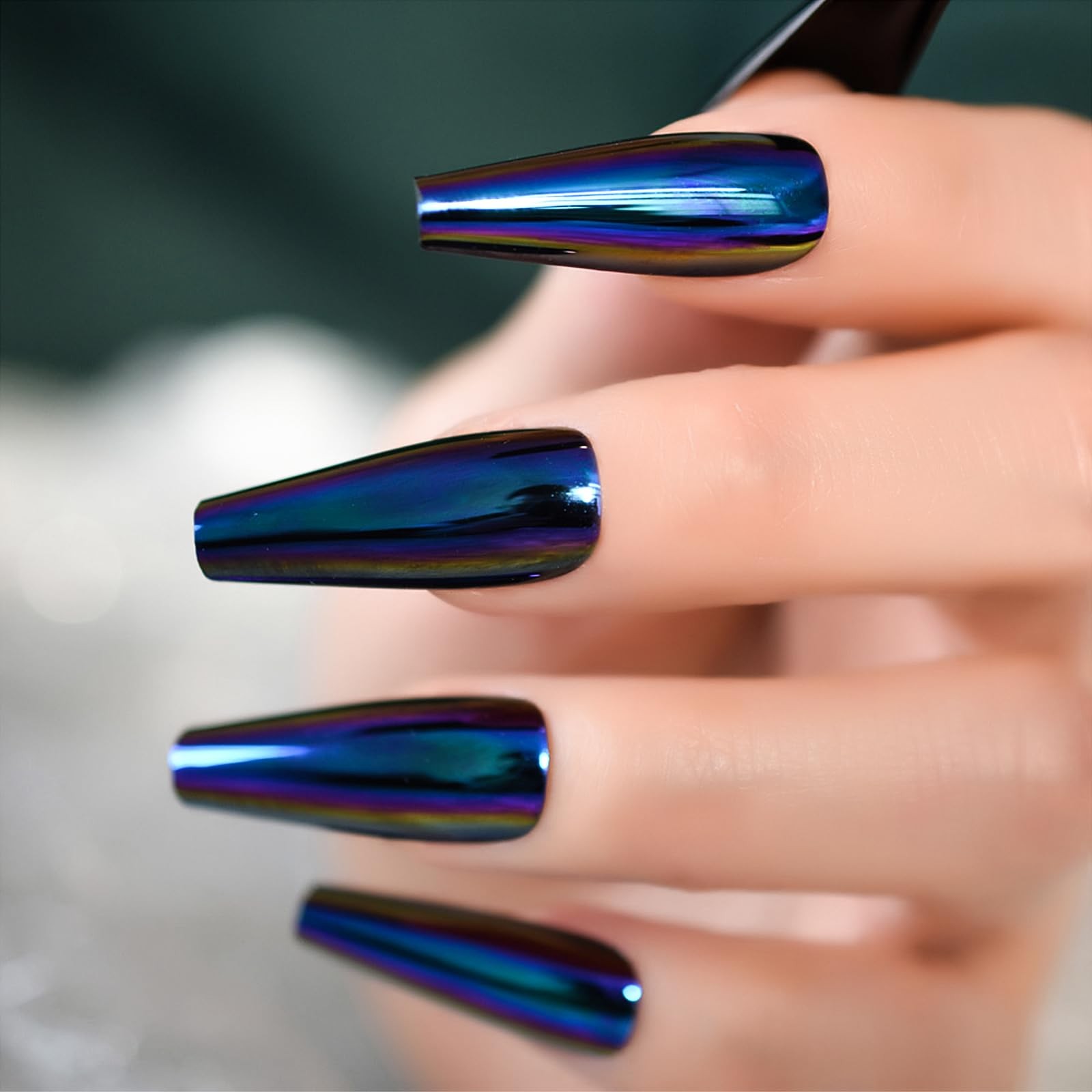 iMABC Press Metallic Mirror Holo Chrome Diamond Blue False Nails Extra Long C…