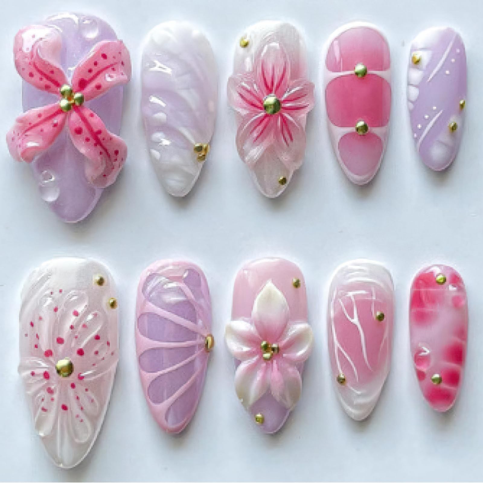 Jremg Pink Flower Press on Nails Medium Almond Fake Almond, Multicolor