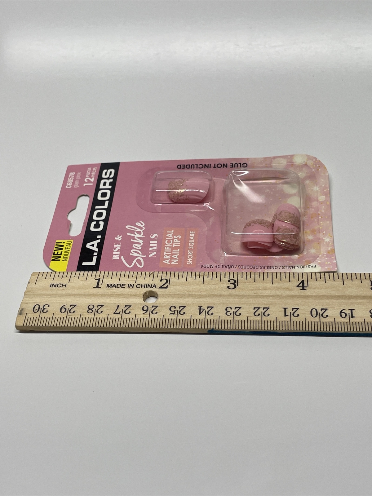 L.A. Colors Rise & Sparkle Nails Artifical Nail Tips Glam Pink Gold Short Square