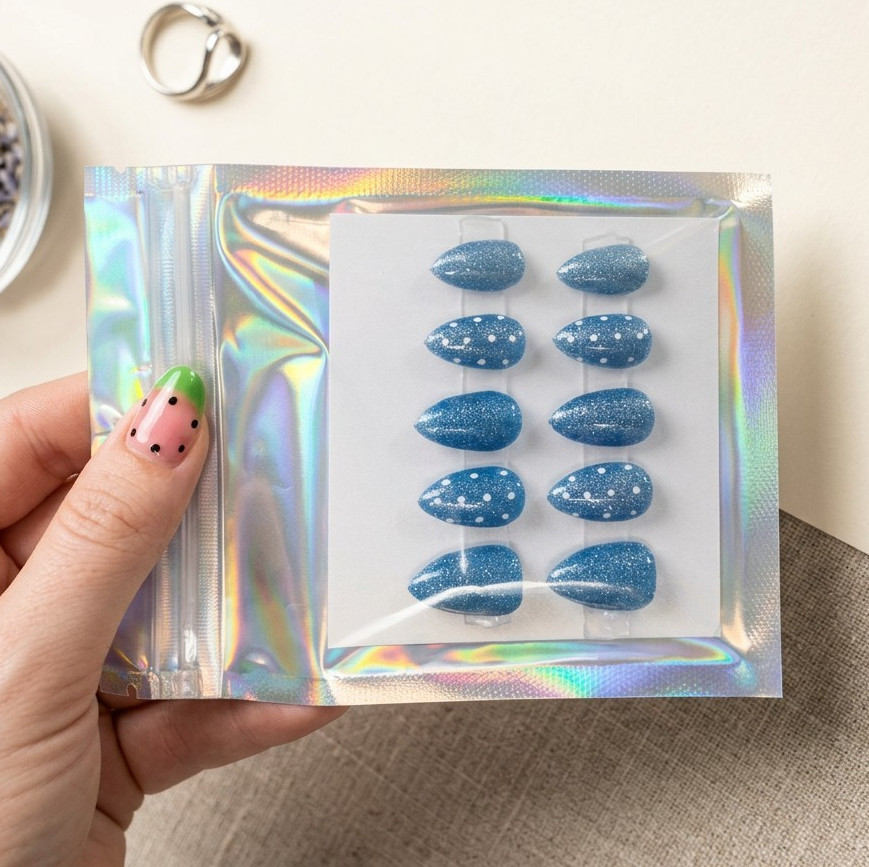 Hand painted Almond All Size Press-on Nails, Blue And Polka Dots