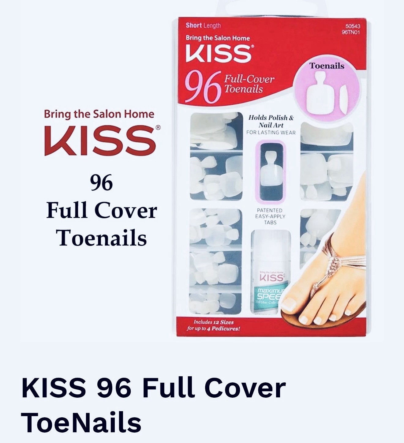 KISS 96 Full Cover Toenails Short Glue On Pedicure Kit 12 Sizes NEW