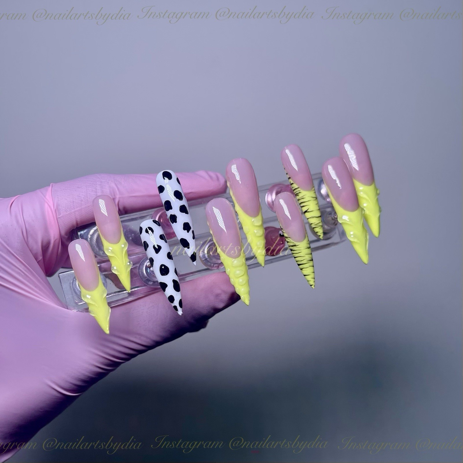 Authentic Nail Arts by Dia Long Stiletto Press-On Nails Yellow 3D Animal Print