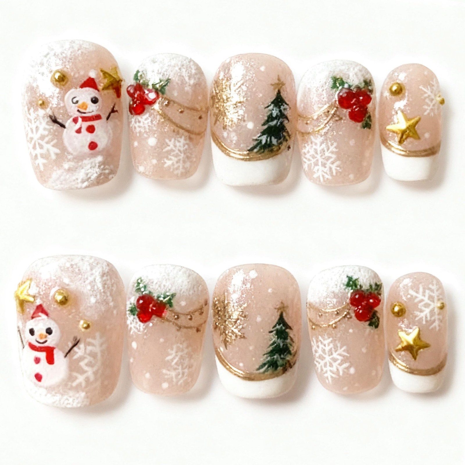 Christmas Press on Nails Short Square Fake Nails with Xmas Tree Snowflake Chr…