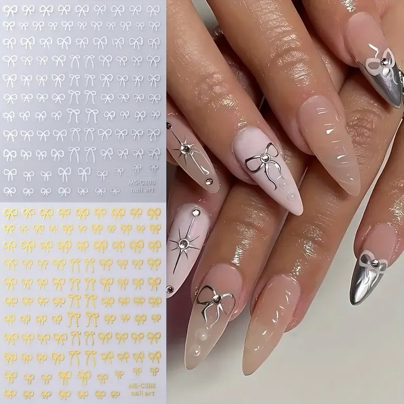 Black White Pink Mini Bowknot Design Nail Art Sticker Self Adhesive Lace 1/2PCS