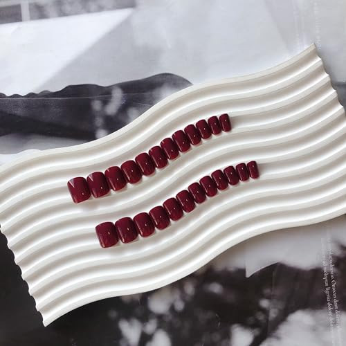 Burgundy Red Press on Nails Short Square Nails Set, glossy square burgundy