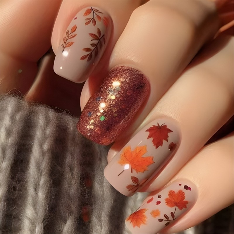 24pcs Stylish Fall Leaf Designs Artificial Nail False Nail For Any Occasion