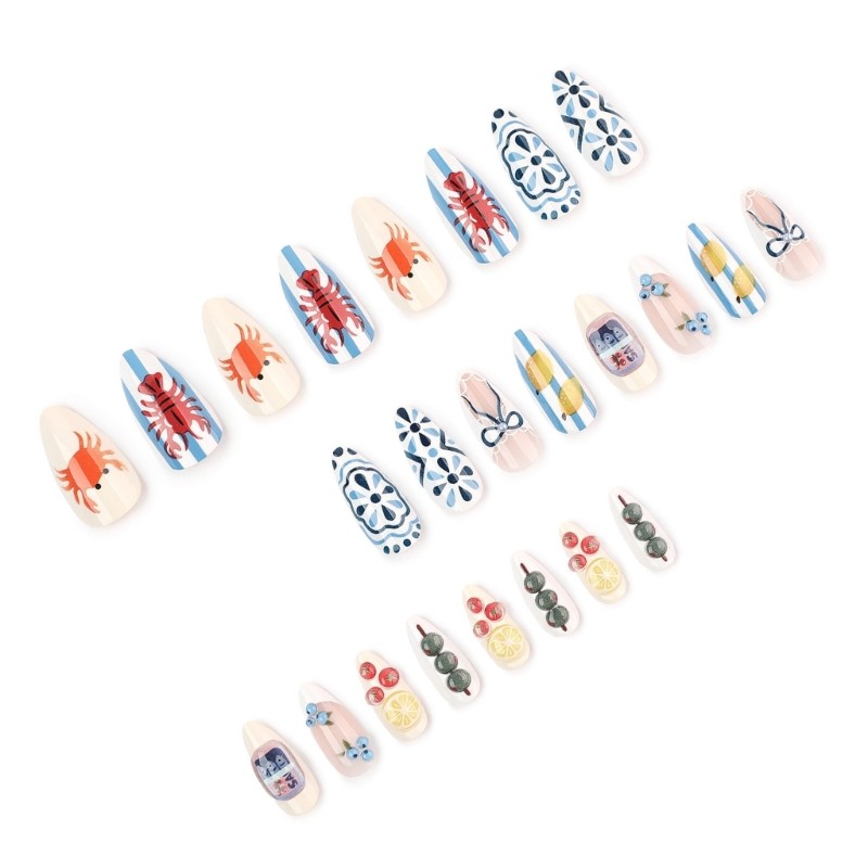 Press On Nail with Blue White Art Design False Nail for Travel Casual Outings