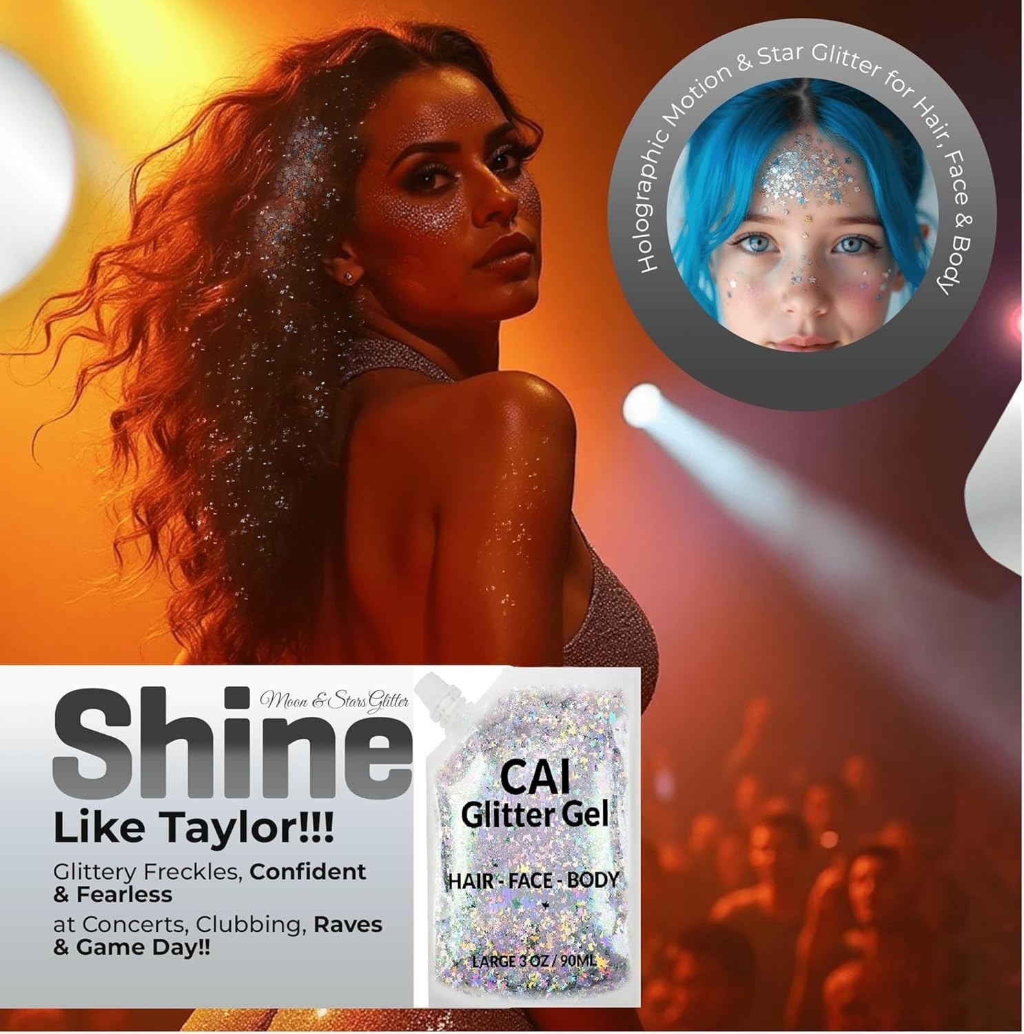Long-Lasting Holographic Glitter Gel – Non-Toxic Body & Hair Makeup, 3 Oz