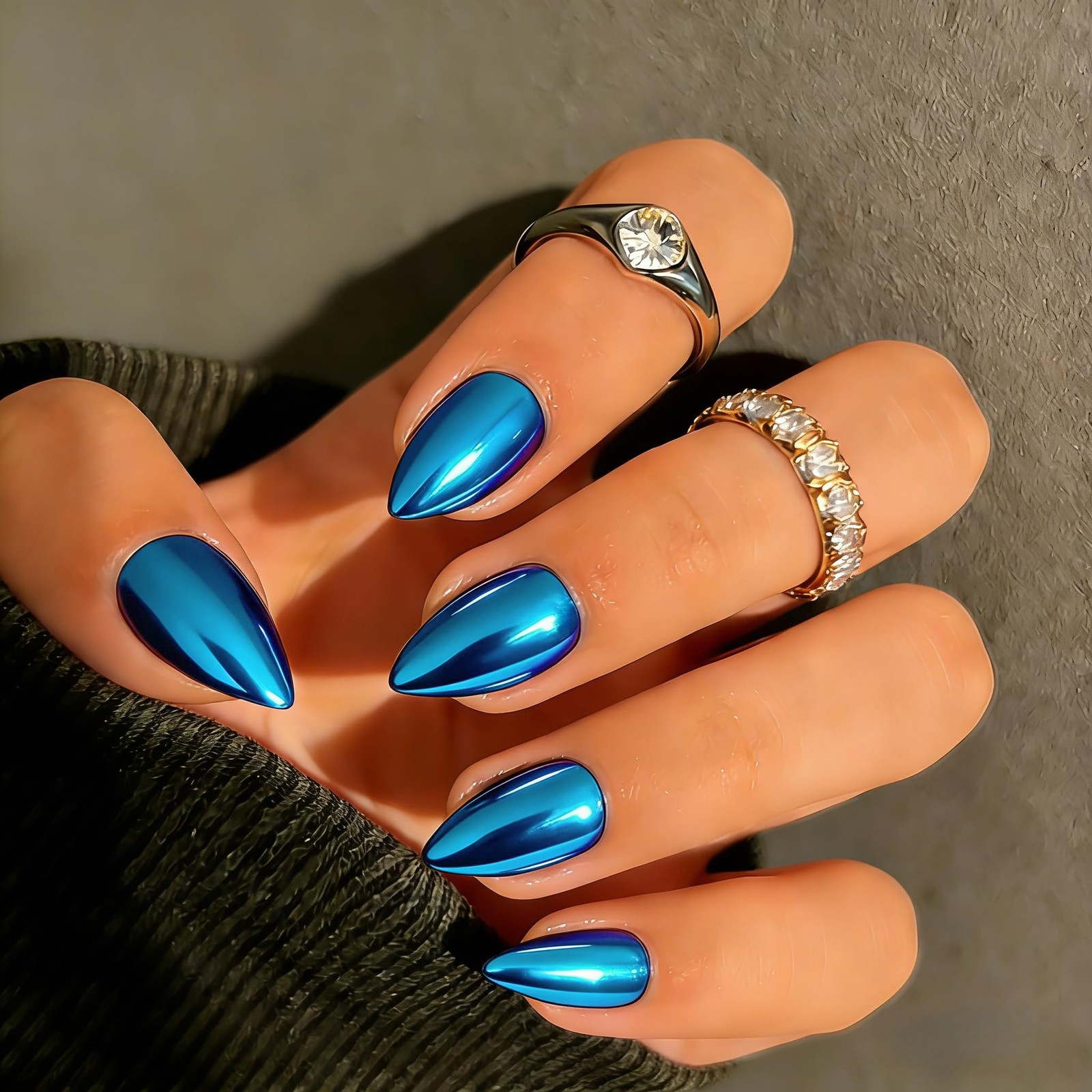 SXVME Chrome Press on Nails Short Almond, Metallic Royal Blue Fake Nails with…