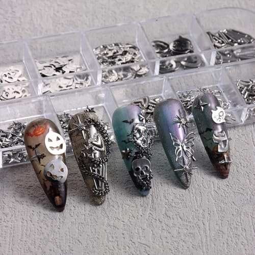 Metal Halloween Nail Charms for Nails Art 3D Gold Silver Skull Ghost Nail