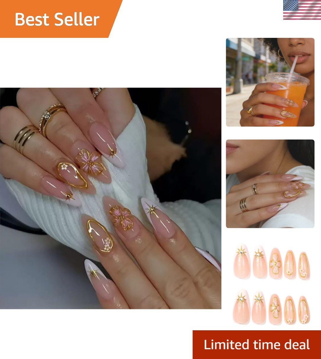 Stylish 3D Spring Floral Acrylic Press On Nails – 24PC Medium Almond Beauty Set
