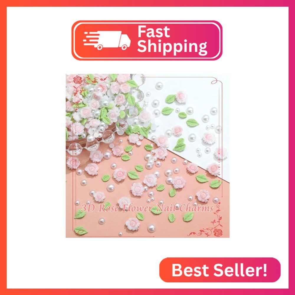 RODAKY 300PCS Flower Nail Charms Pink 3D Roses Flower Charms for Nail Design Gre
