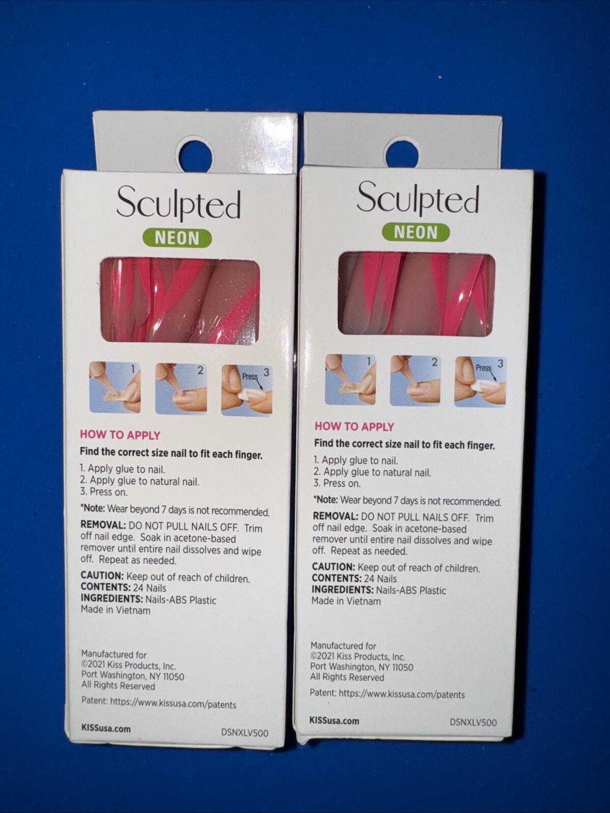 Kiss Sculpted Neon Pink Extra Long Length Glue-On Nails NEW (Lot Of Two!)