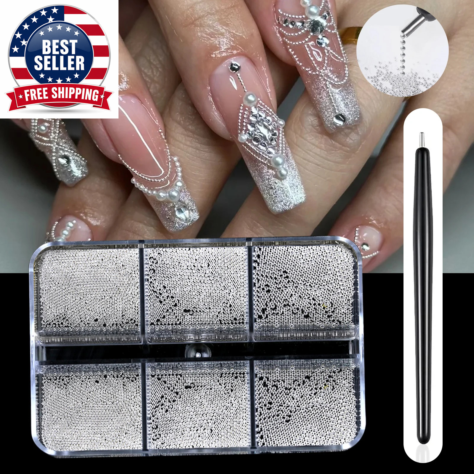 6 Grids Mini Caviar Beads Nail Art Decorations Metal Gold/Silver Micro Ball Nail