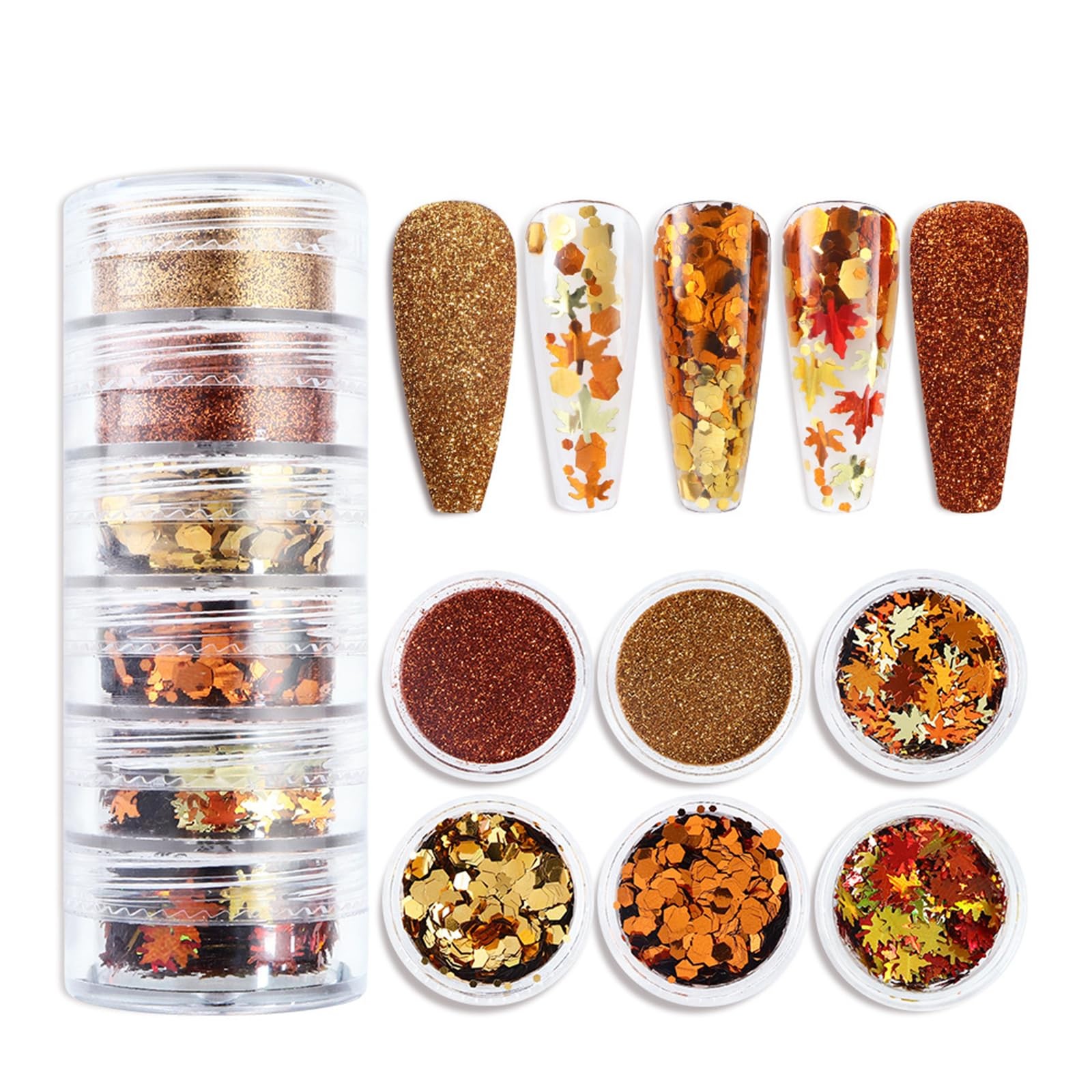 Golden Fall Nail Art Glitters Maple Leaf Nail Sequins Set of 6 Jars, Autumn L…