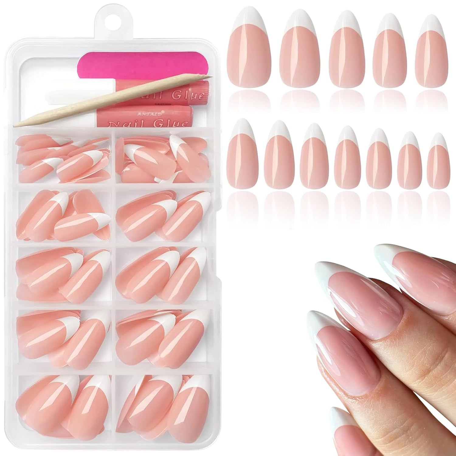 120Pcs White French Tip Press on Nails Almond Shape Fake Nails, Full Cover Gloss