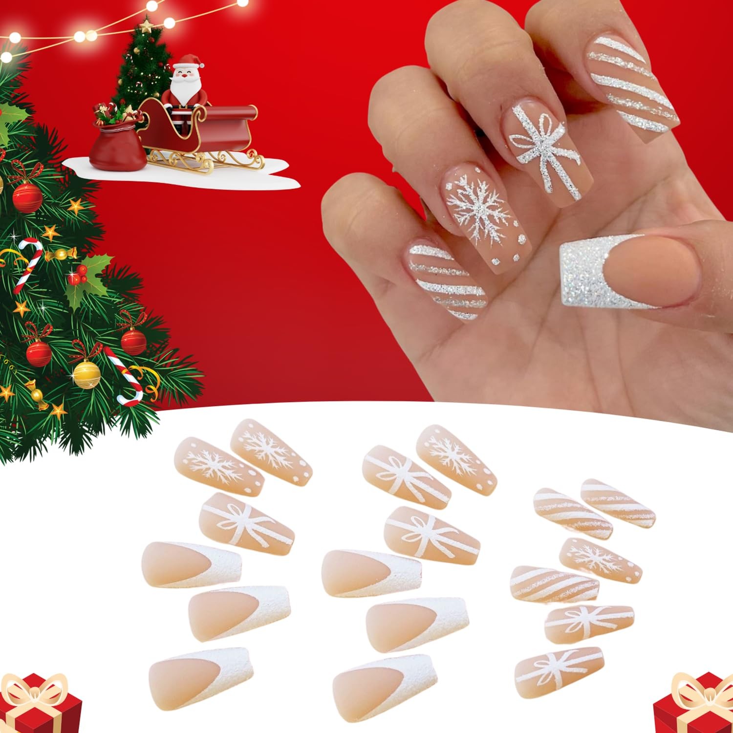 Christmas Press on Nails Medium Square Fake Nails with Snowflake Candy Cane L…