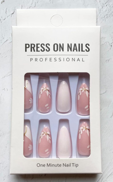 24 Pcs Press-On Nail – Medium Almond Glossy – White Solids and Pink w/Flowers