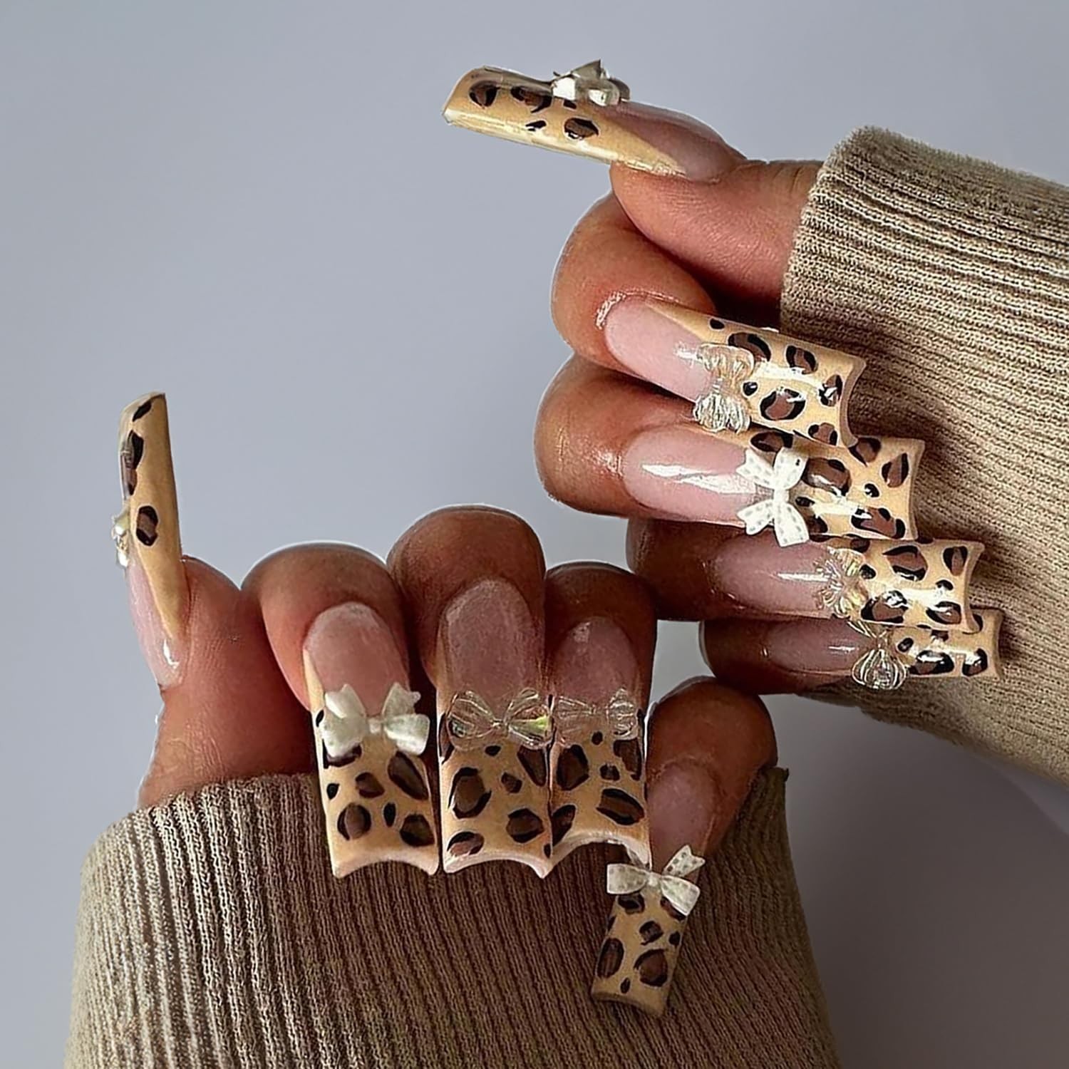 Leopard French Press on Nails Long Length Bow Tie False Nails Full Cover Coff…