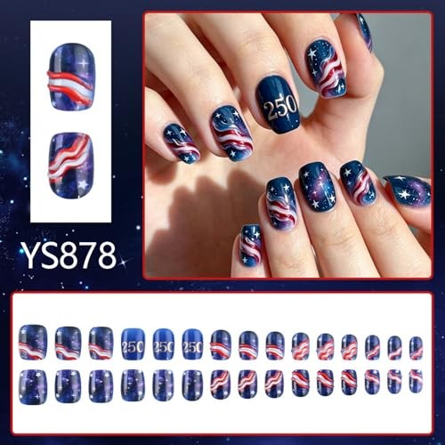 Independence Day Press on Nail Short Square Fake Nails Full Cover July4 Nails40