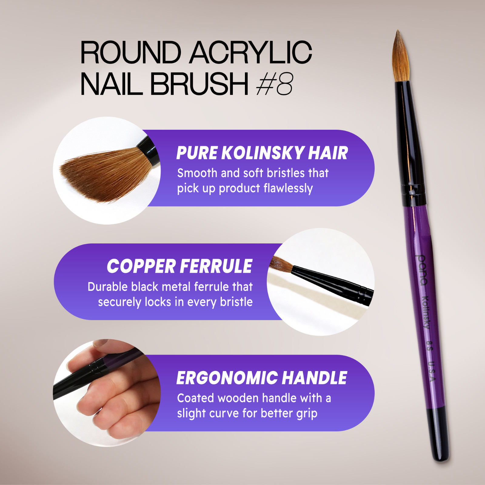 Pana Professional 100% Kolinsky Acrylic Nail Art Brush with Purple Wood Size 8