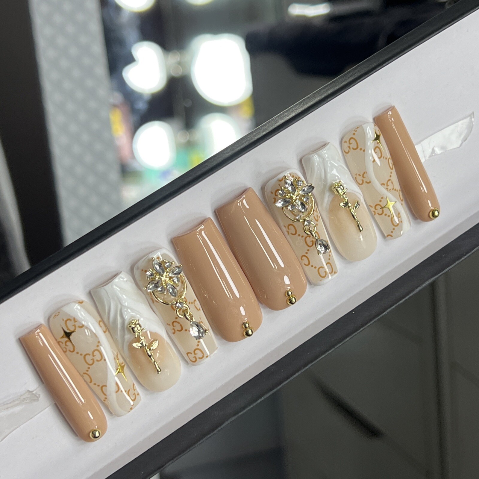 💎 CUSTOM Hard Gel Press On Nails, BLING NUDE , 10p FULL SET W Kit LONG SQUARE