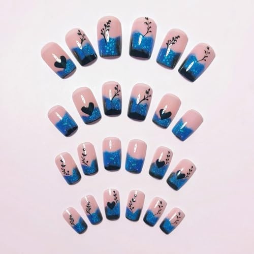 Blue Gradient French Tip Press on Nails Short Square Shaped False Style 14